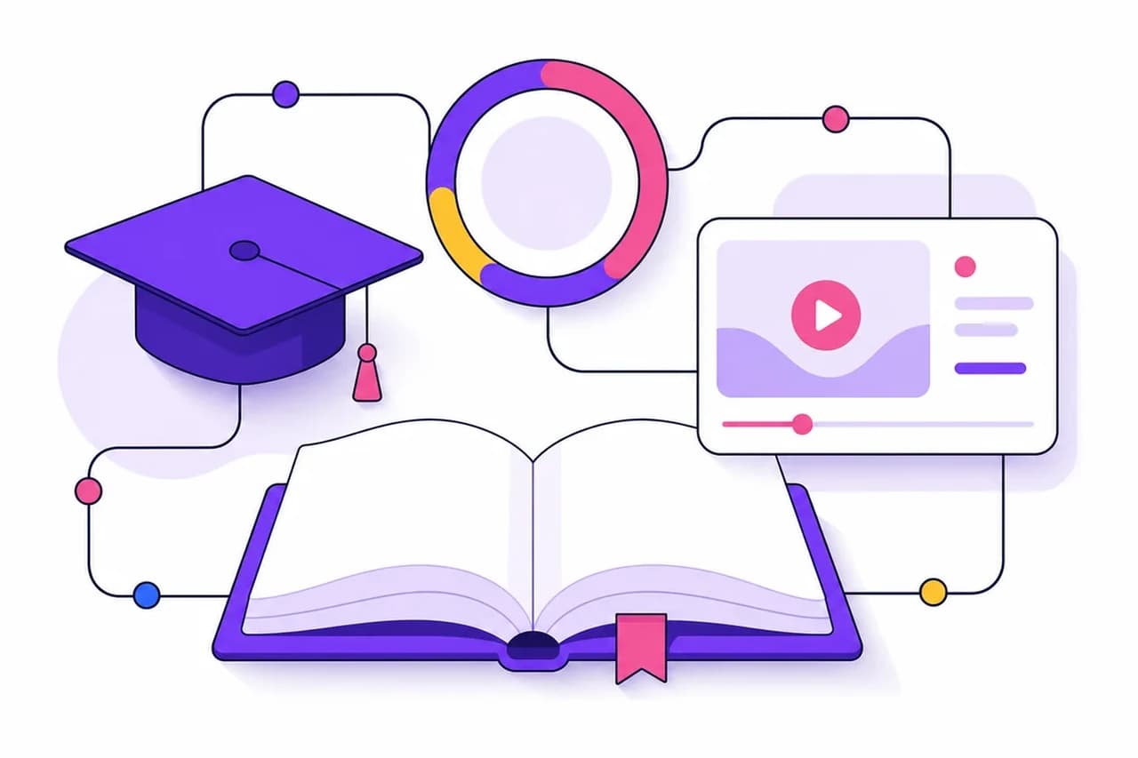 Illustration of an open book, a graduation cap, a progress ring, and a lesson player card