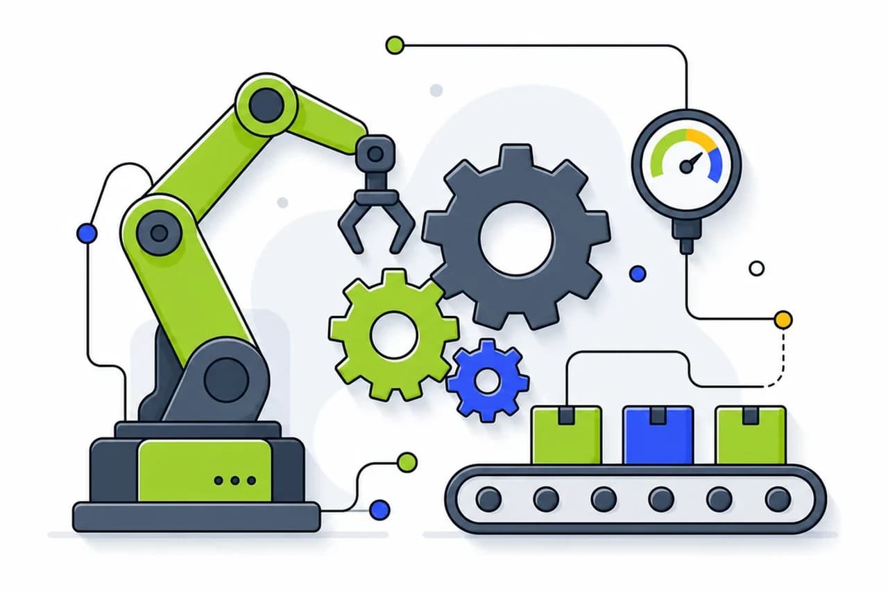 Illustration of a robotic arm, interlocking gears, a gauge dial, and a conveyor with boxes